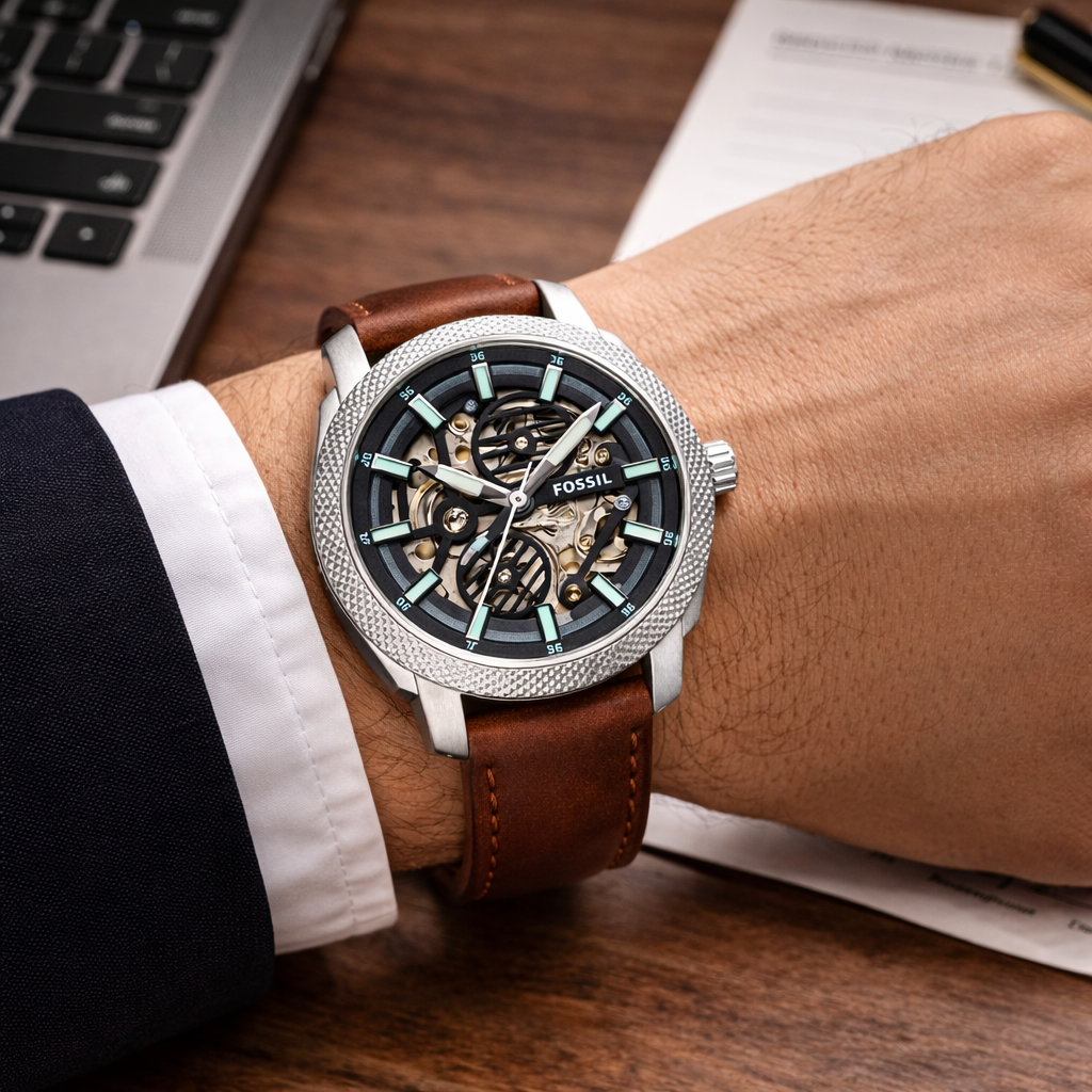 Fossil Automatic Skeleton Black Dial Silver Case Brown Leather Strap