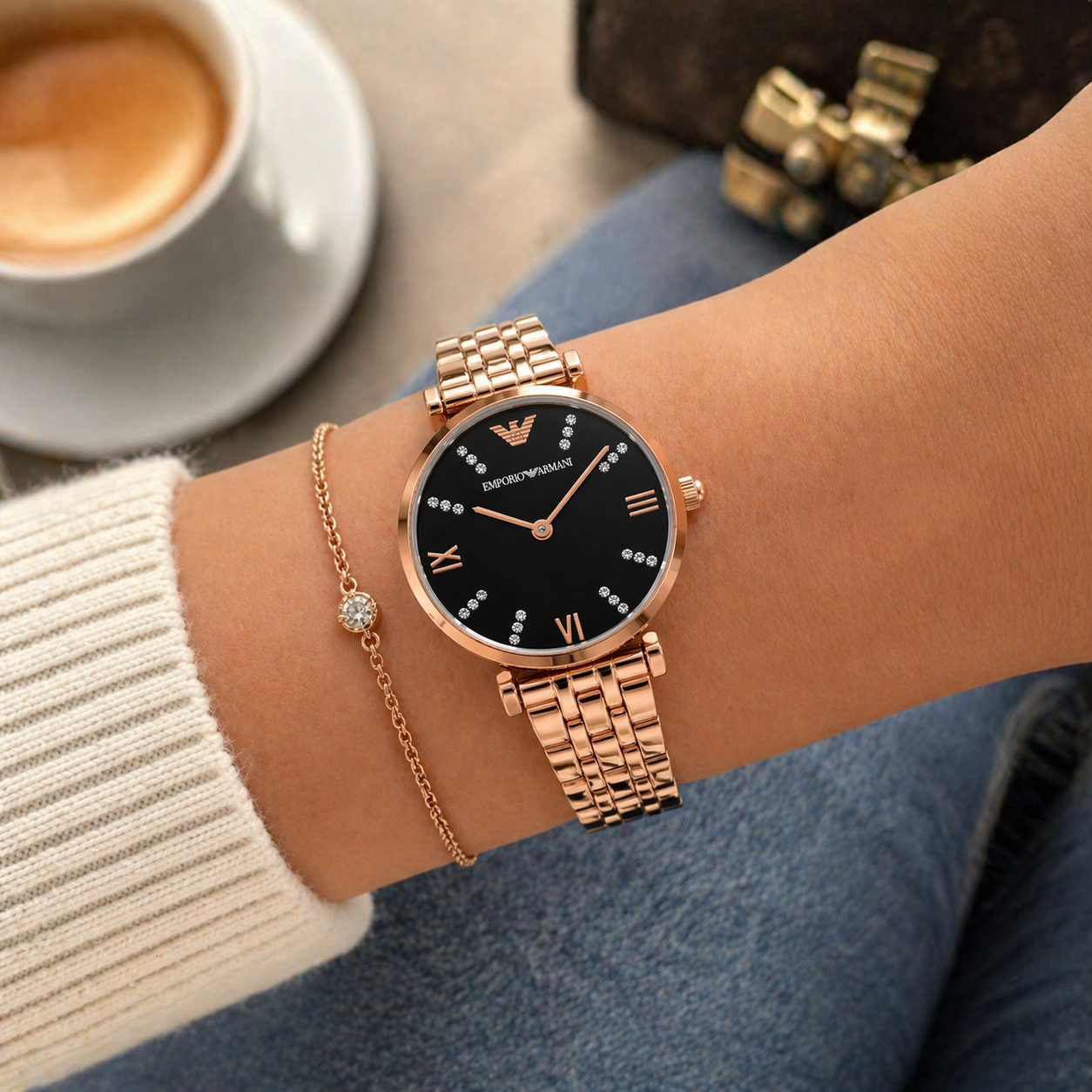 Emporio Armani Black Crystal Dial Watch – Rose Gold Case Stainless Steel Bracelet