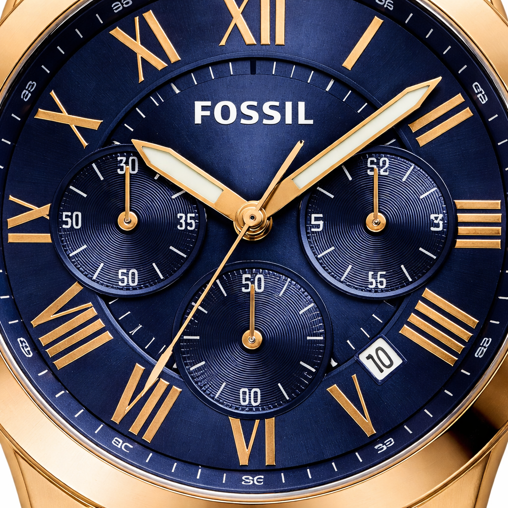 Fossil Chronograph Blue Dial Rose Gold Case Brown Leather Strap