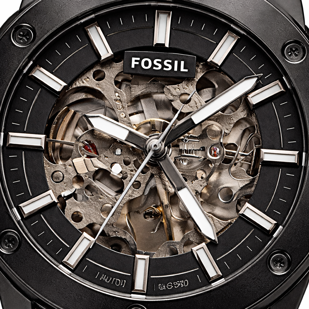 Fossil Automatic Skeleton Black Case Brown Leather Strap