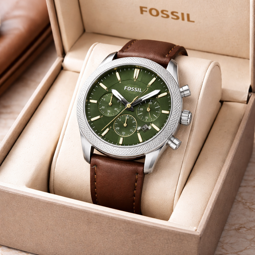 Fossil Chronograph Sport Green Dial – Silver Case Brown Leather Strap