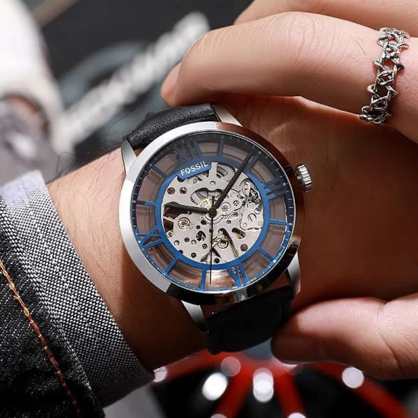 Fossil Skeleton Roman Dial Silver Case Black Leather Watch