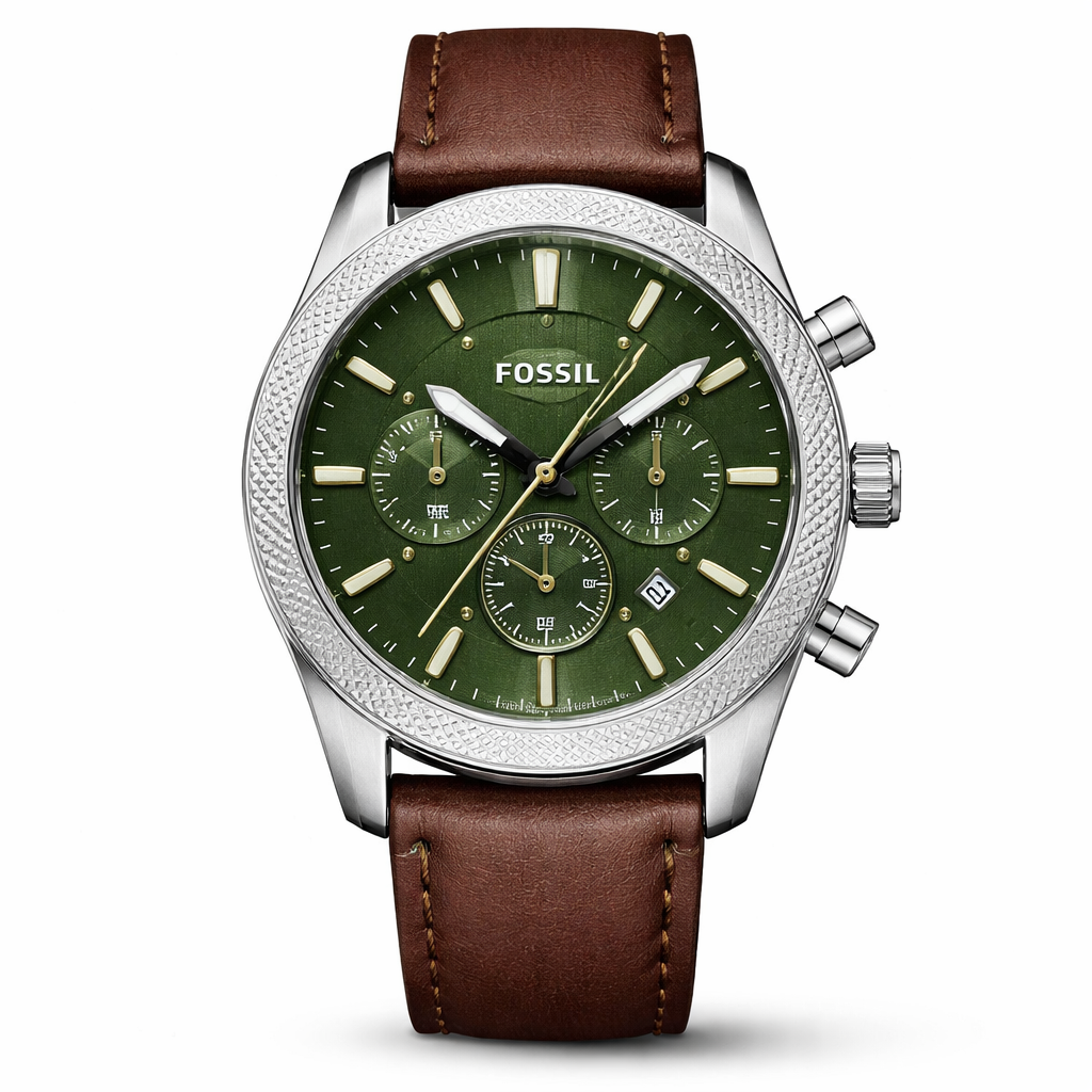 Fossil Chronograph Sport Green Dial – Silver Case Brown Leather Strap