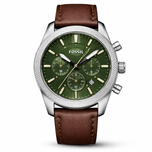 Fossil Chronograph Sport Green Dial – Silver Case Brown Leather Strap