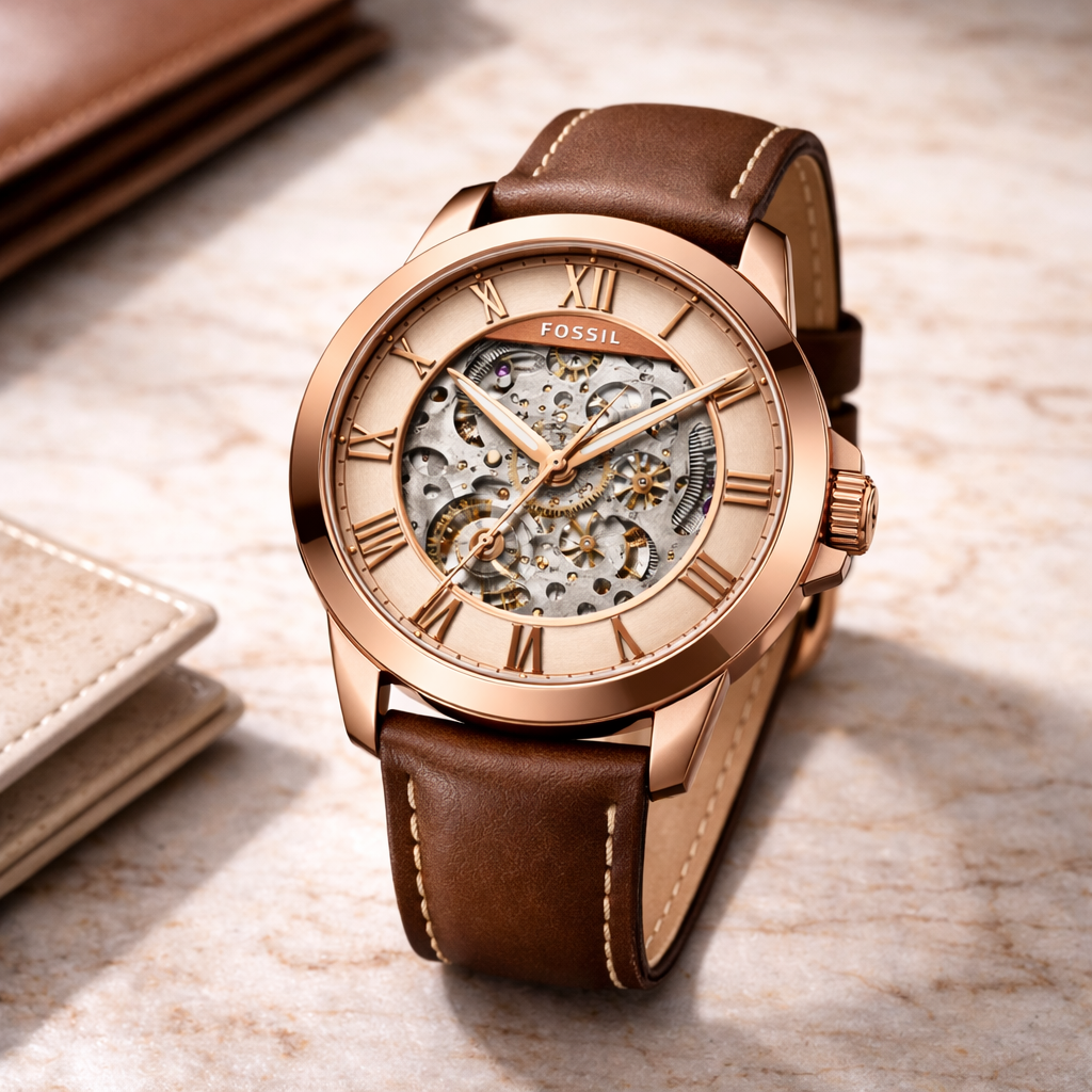 Fossil Skeleton Classic Rose Gold Case – Brown Leather Strap