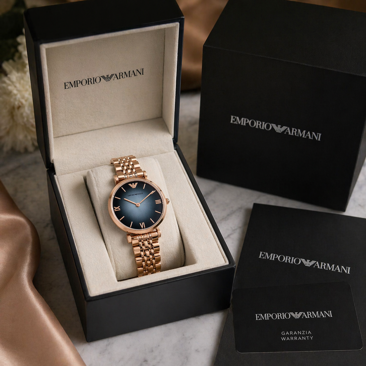 Emporio Armani Minimal Blue Dial Watch – Rose Gold Case Stainless Steel Bracelet