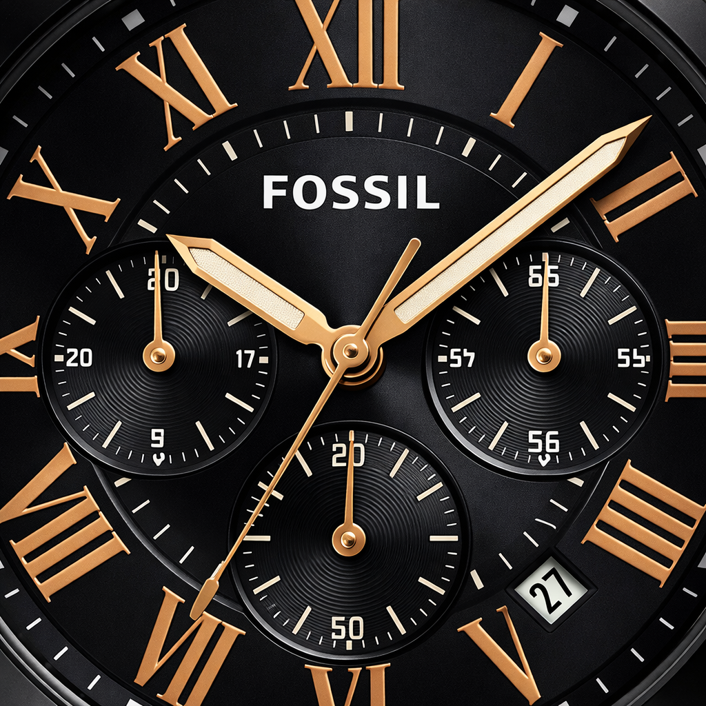 Fossil Chronograph Black Dial Black Case Brown Leather Strap