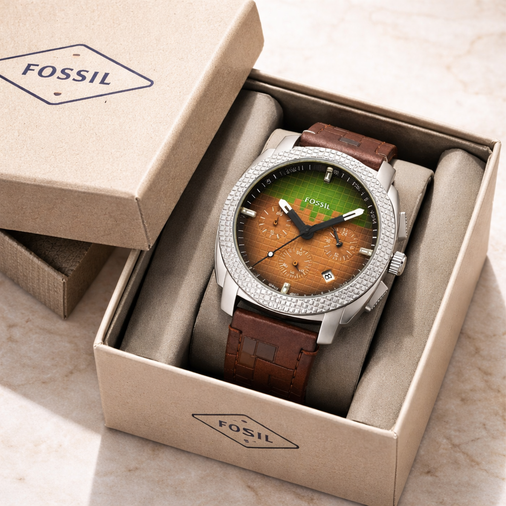 Fossil Grid Chronograph Silver Case Brown Leather Watch