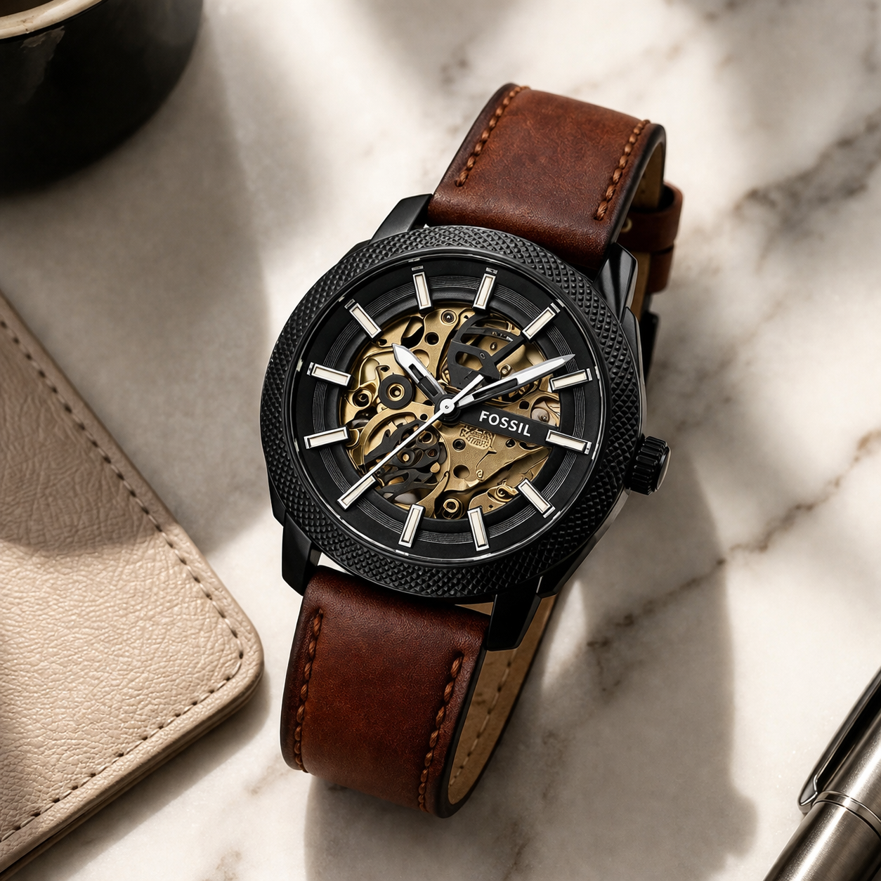 Fossil Automatic Skeleton Black Case Brown Leather Strap