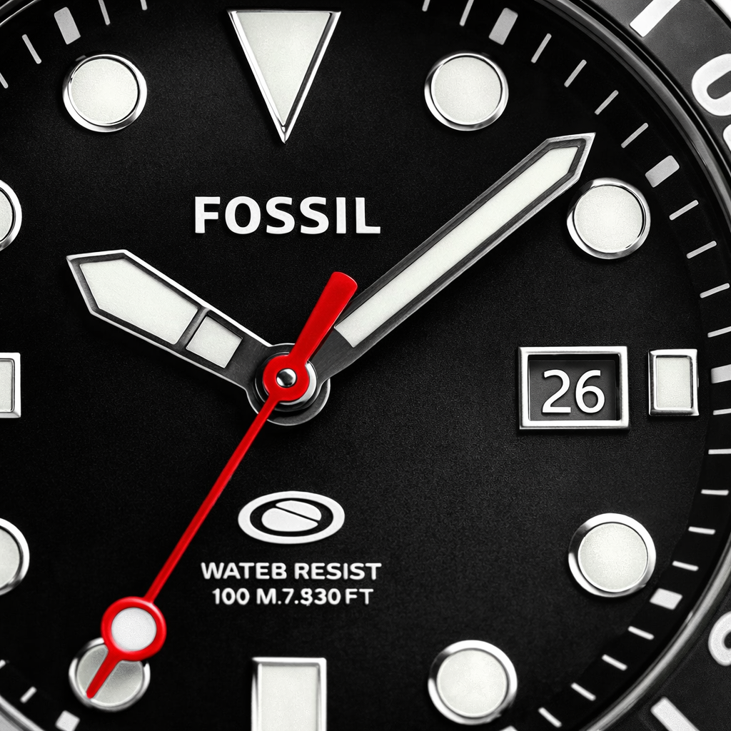 Fossil Diver Style Black Dial Silver Stainless Steel Bracelet