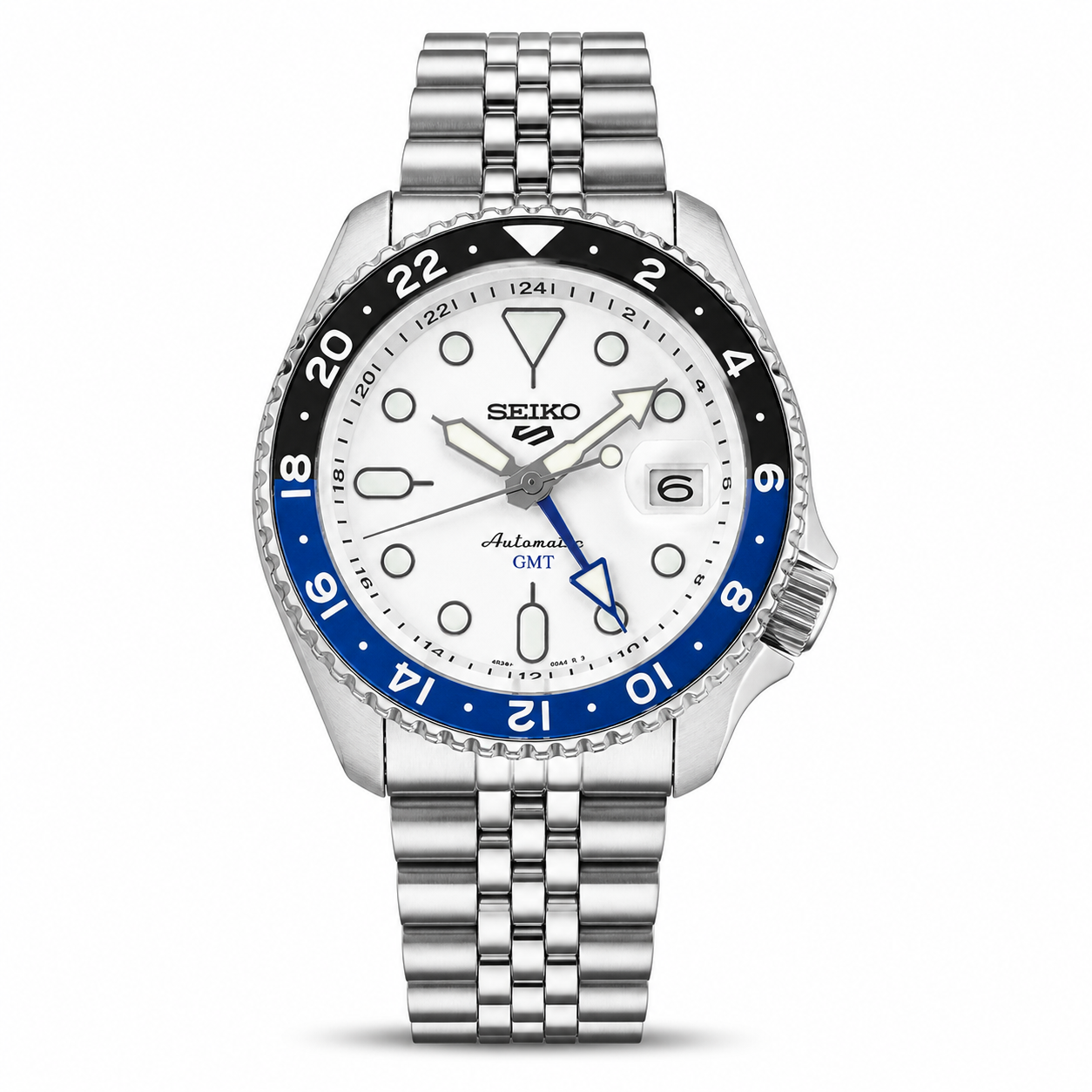 Seiko 5 GMT Automatic Stainless Steel White Dial Jubilee Watch (Blue Black Bezel)