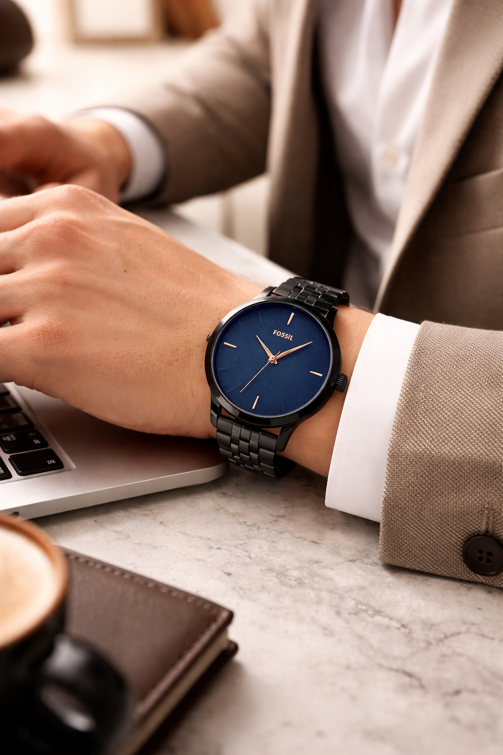 Fossil Minimal Blue Dial Black Stainless Steel Mesh Strap