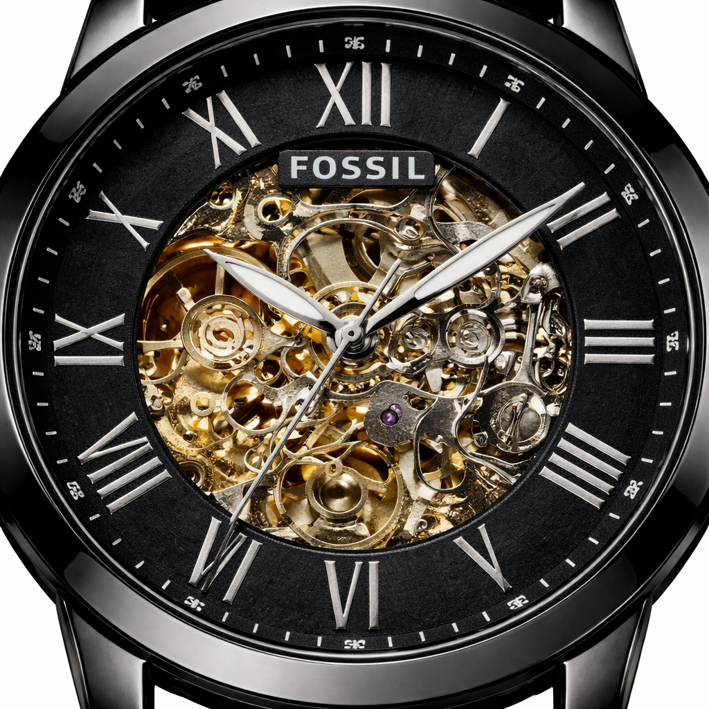 Fossil Skeleton Automatic Black Roman Dial – Black Leather Strap