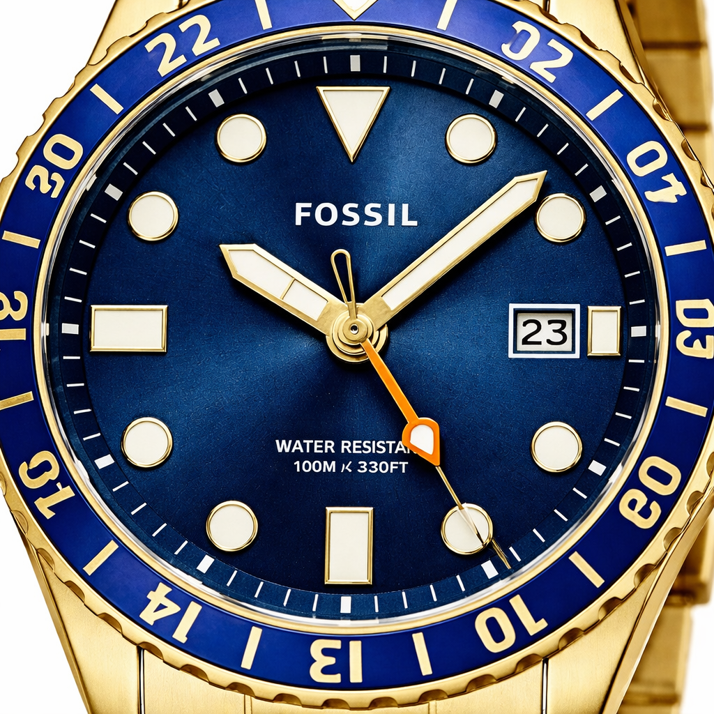 Fossil Diver Style Blue Dial Gold Stainless Steel Bracelet