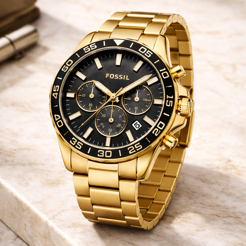 Fossil Chronograph Black Dial Gold Stainless Steel Bracelet