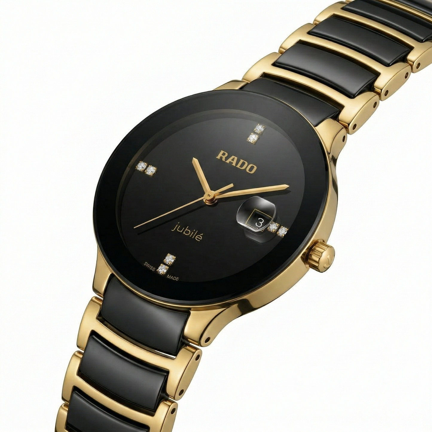 Rado Jubile Round Black Dial Gold Case Ceramic Bracelet Watch