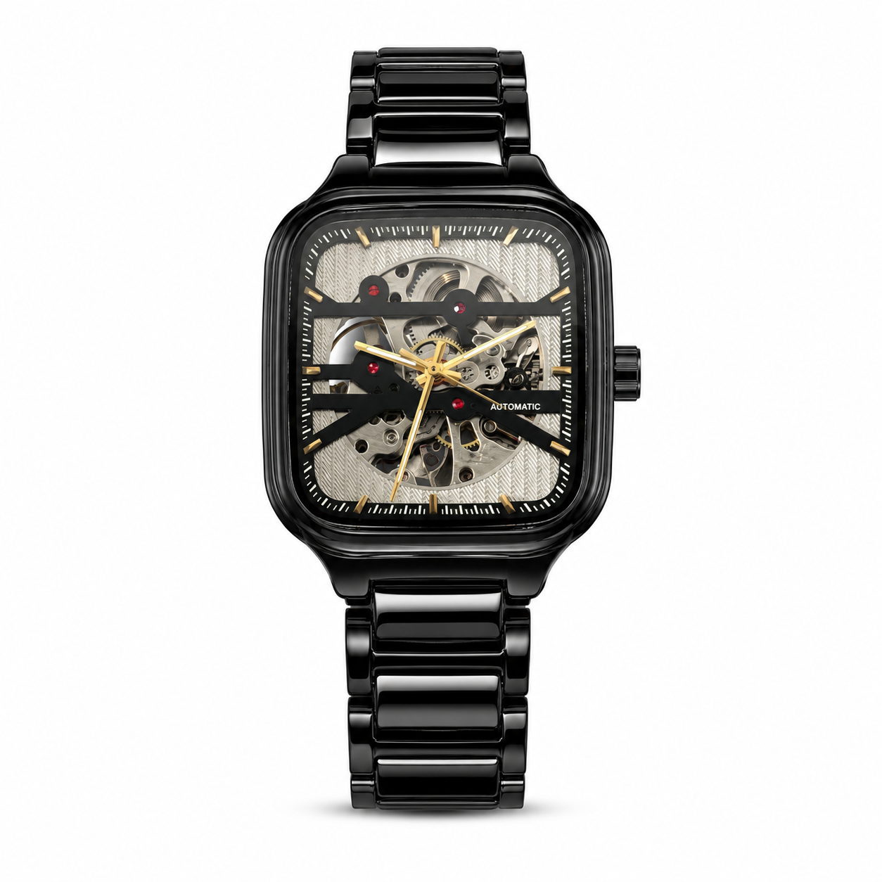 Rado Inspired Skeleton Automatic Square Black Ceramic Strap Watch