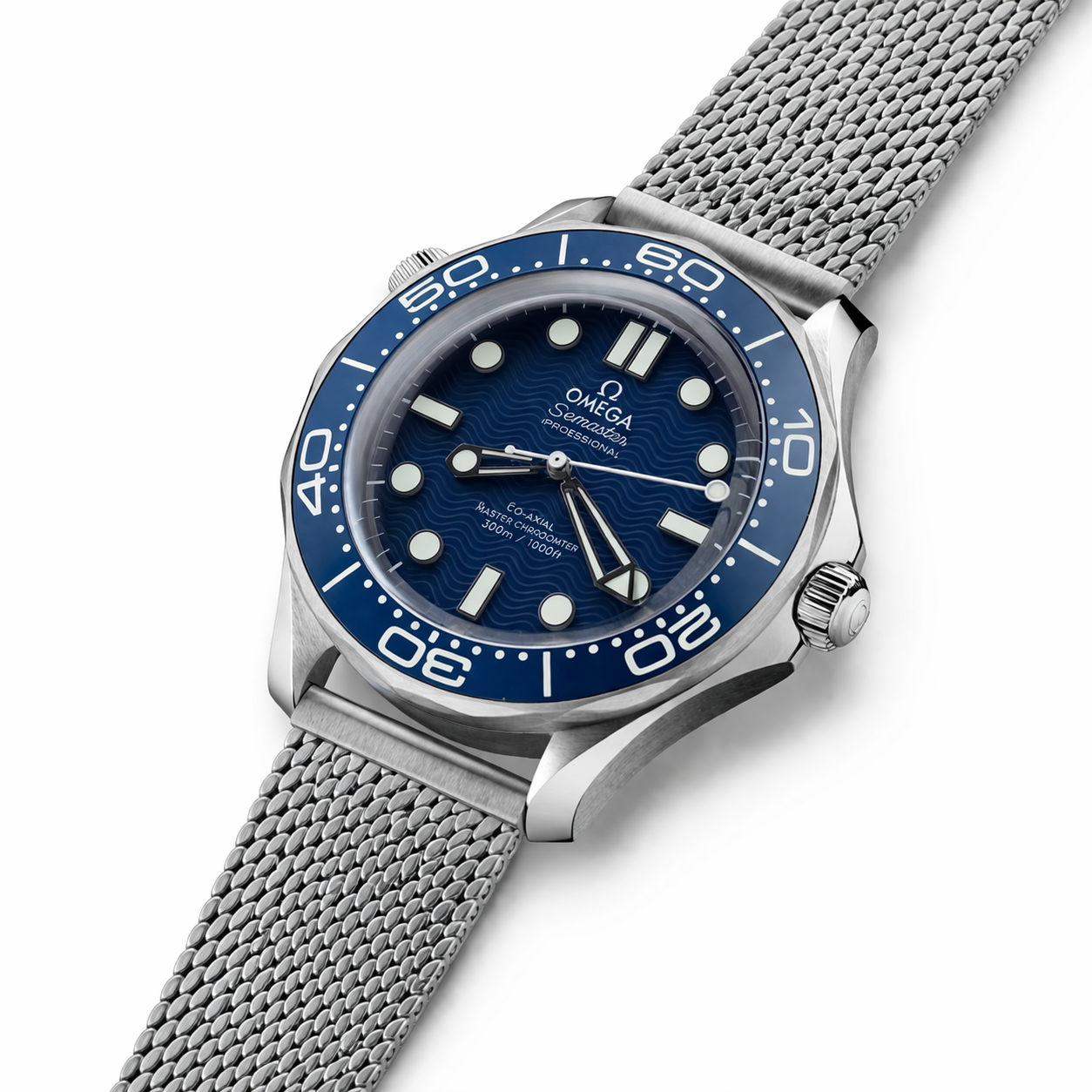 Omega Seamaster Diver 300M Style Silver Case Blue Dial Mesh Bracelet