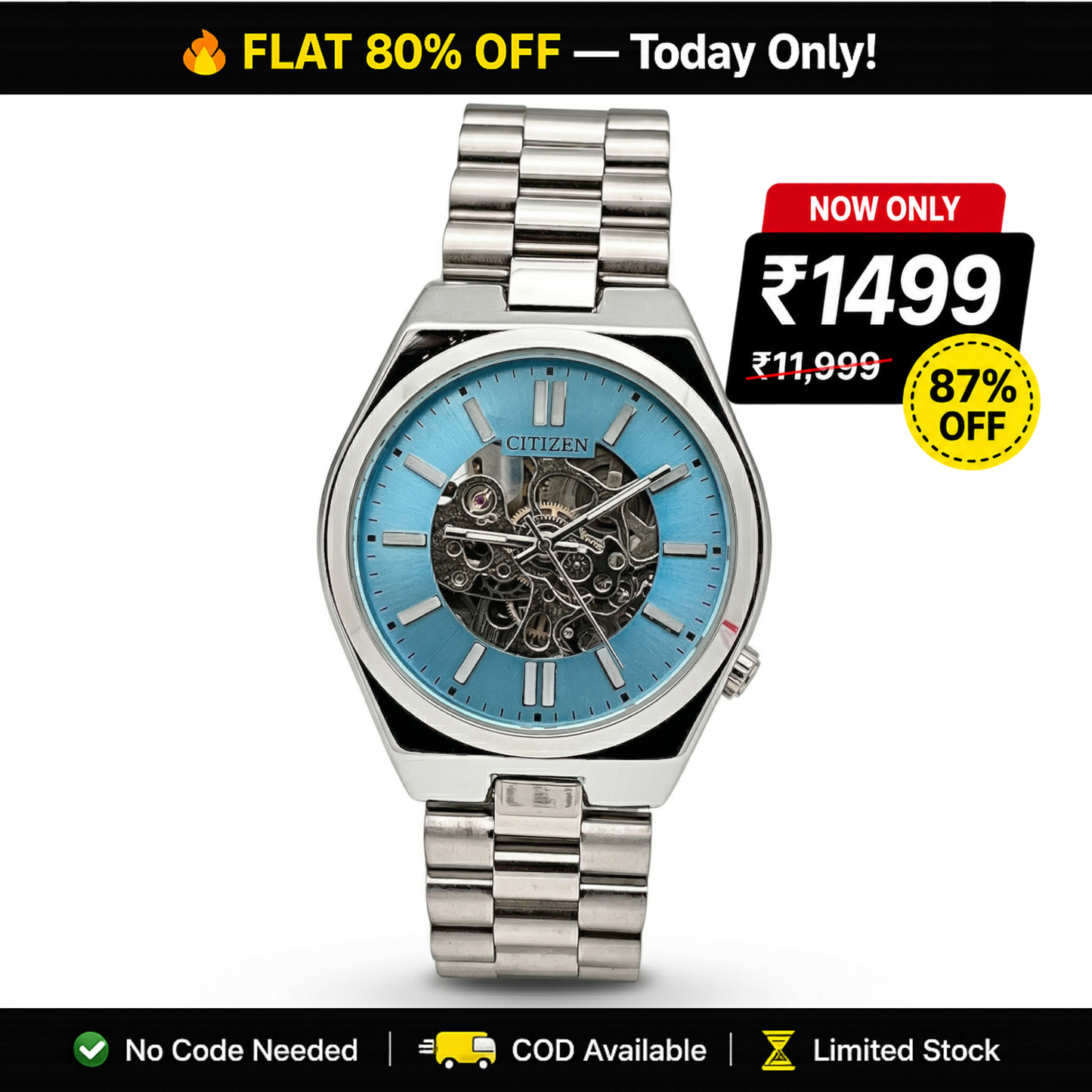 Citizen Skeleton Automatic Style Silver Case Steel Bracelet