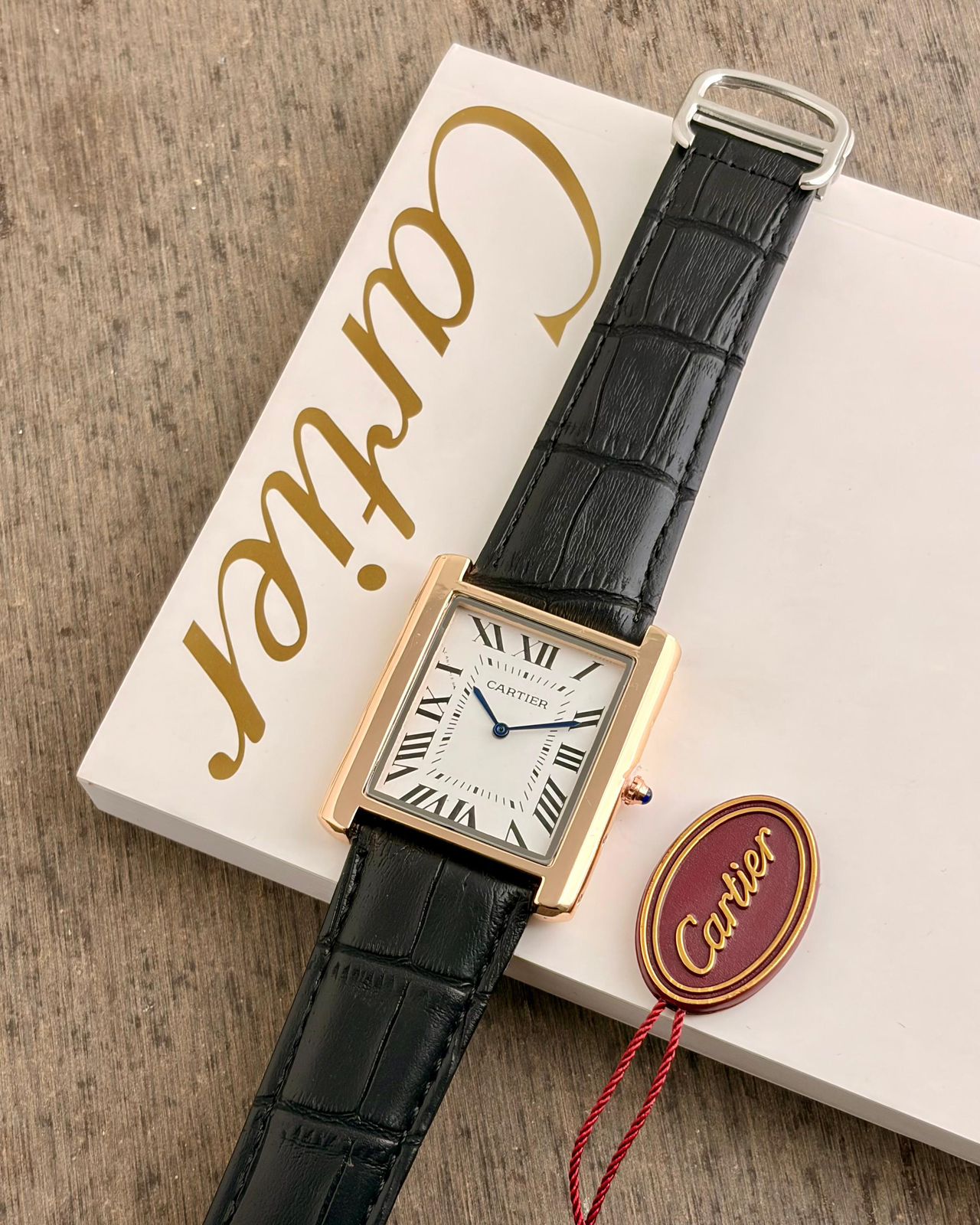 Cartier Slim Rectangular – Gold Case Black Leather