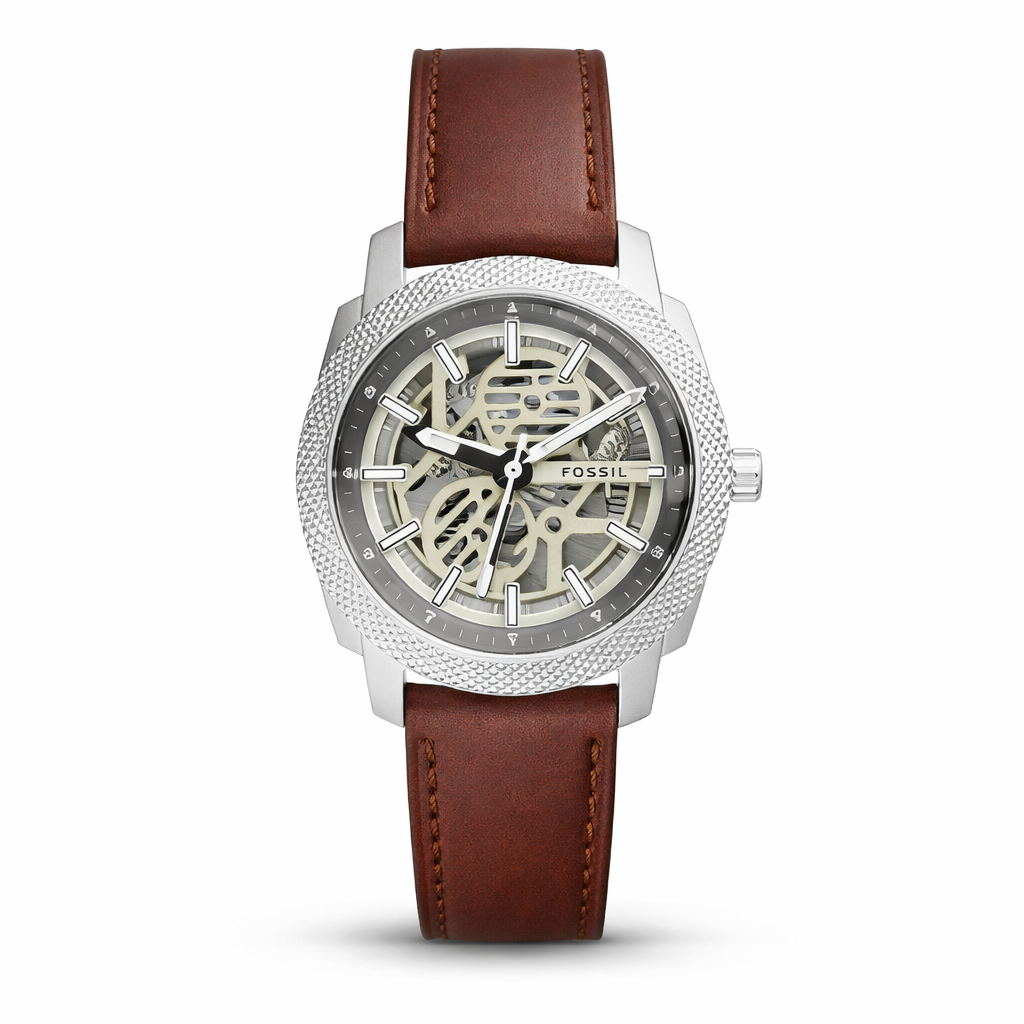 Fossil Automatic Skeleton Silver Case Brown Leather Strap