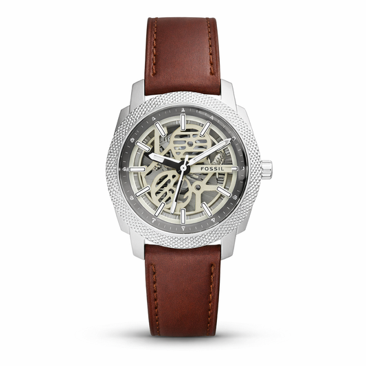 Fossil Automatic Skeleton Silver Case Brown Leather Strap